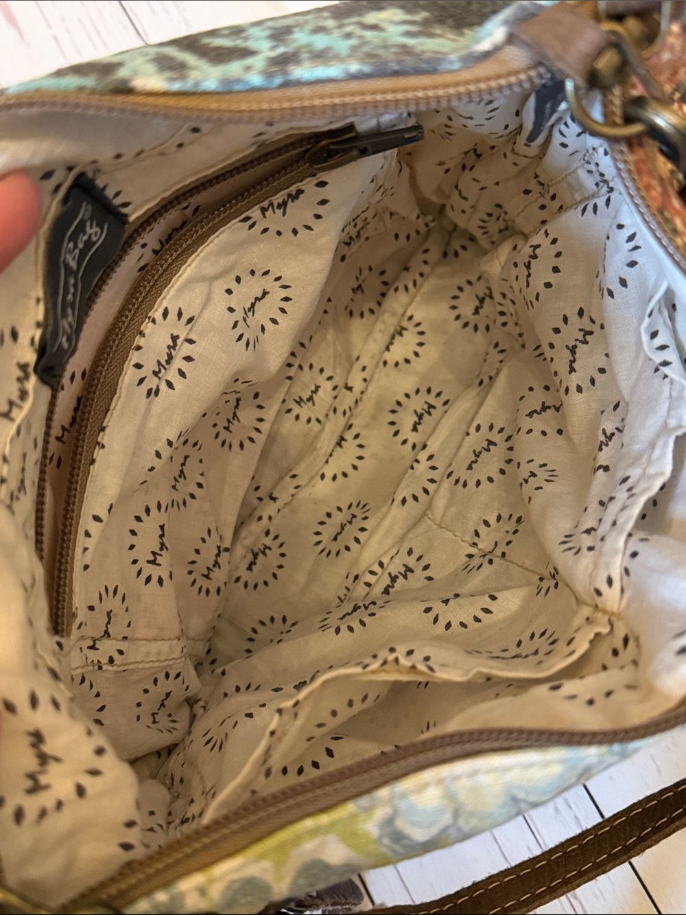 Myra bag Patchwork Floral Crossbody with Brown Trim and Adjustable Strap - Picture 5 of 5